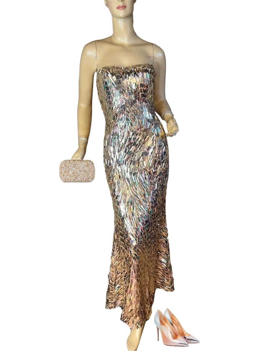 SHERRI HILL METALLIC REFLECTIVE BAGUETTE SEQUIN STRAPLESS SILK DRESS (4)